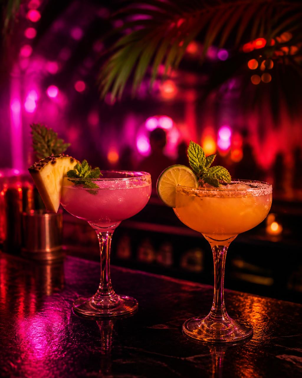 Cócteles tropicales bajo luces de neón en Ay Papi Madrid