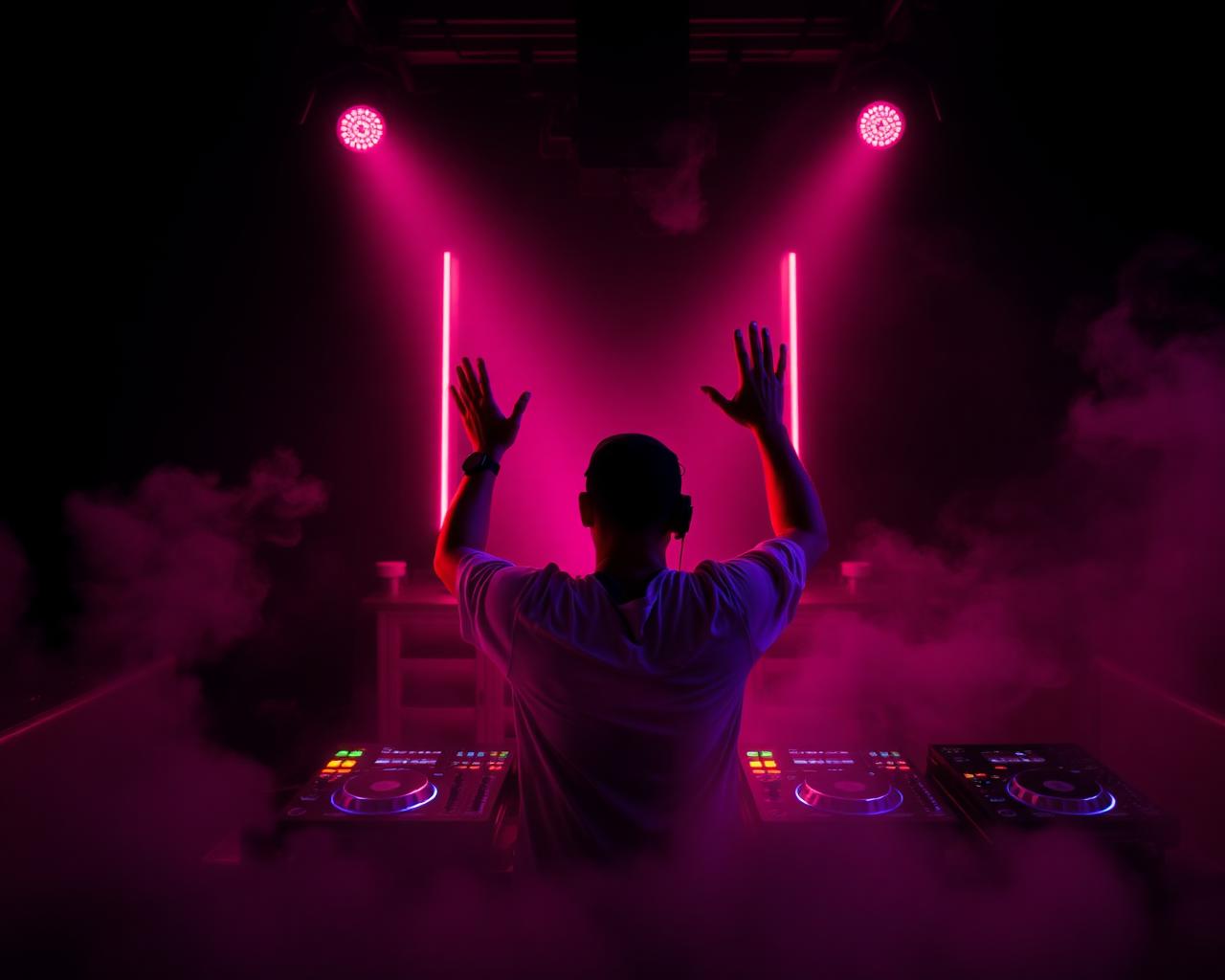 DJ en cabina con luces neón