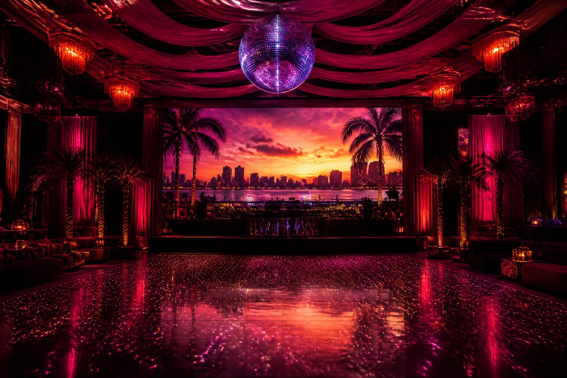 Salón de club decorado con bola de discoteca, palmeras y atardecer tropical